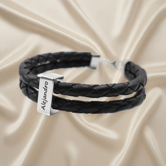 Bracelet homme cuir tressé et lingot argent 925 personnalisable