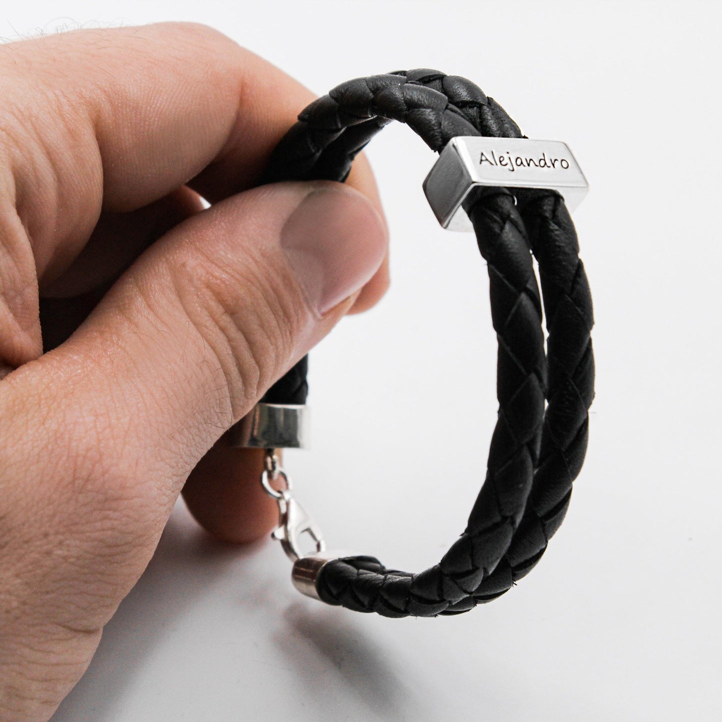 Bracelet homme cuir tressé et lingot argent 925 personnalisable