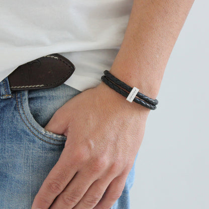 Bracelet homme cuir tressé et lingot argent 925 personnalisable