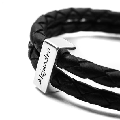 Bracelet homme cuir tressé et lingot argent 925 personnalisable