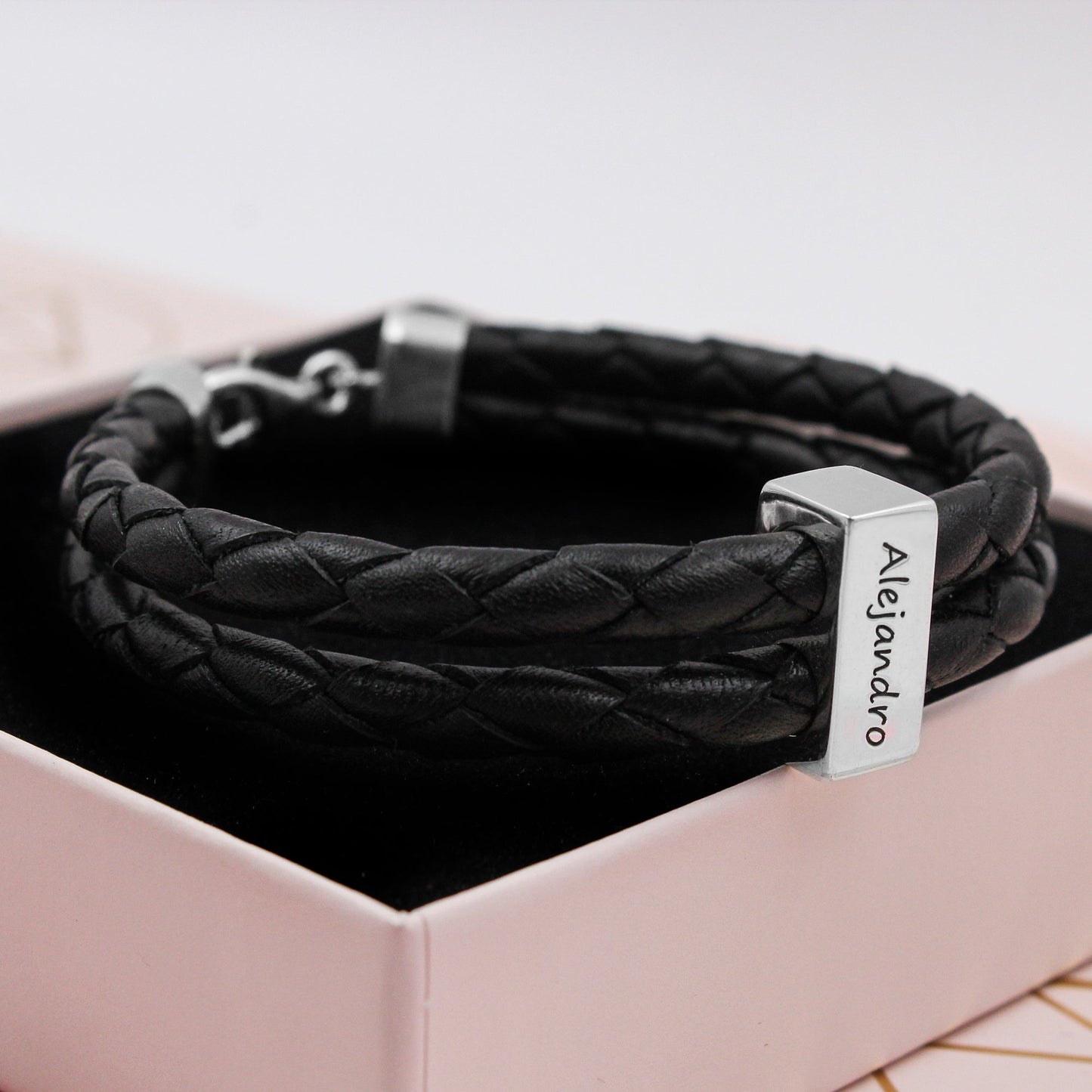 Bracelet homme cuir tressé et lingot argent 925 personnalisable