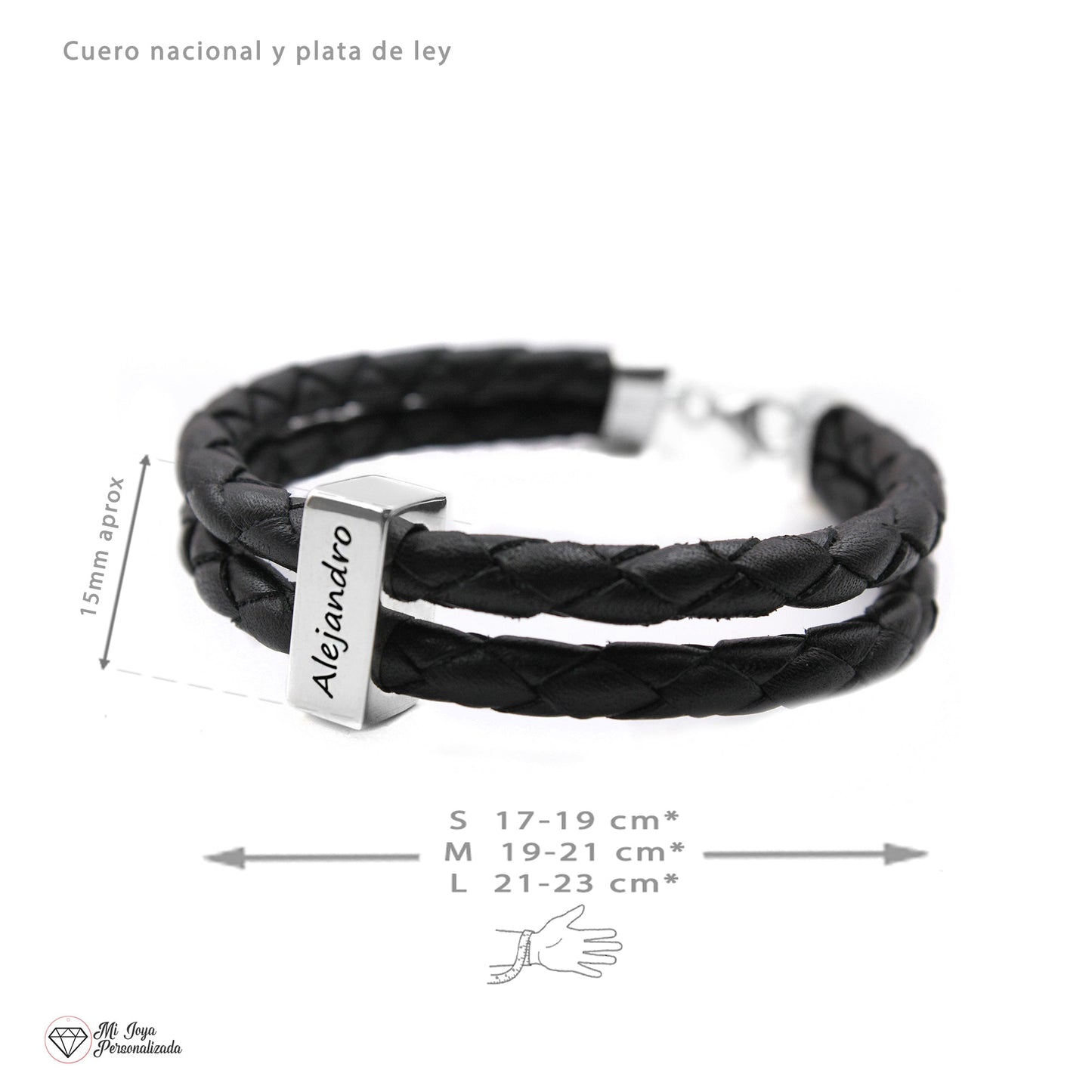 Bracelet homme cuir tressé et lingot argent 925 personnalisable