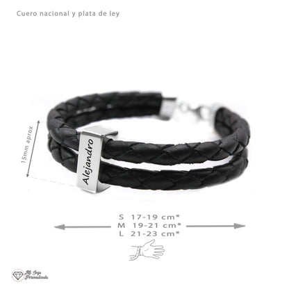 Bracelet homme cuir tressé et lingot argent 925 personnalisable