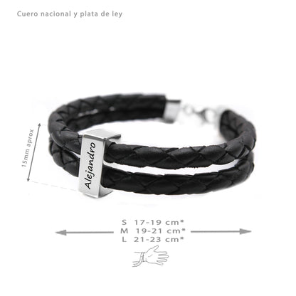 Bracelet Homme Cuir Tressé, lingots argent 925 gravés