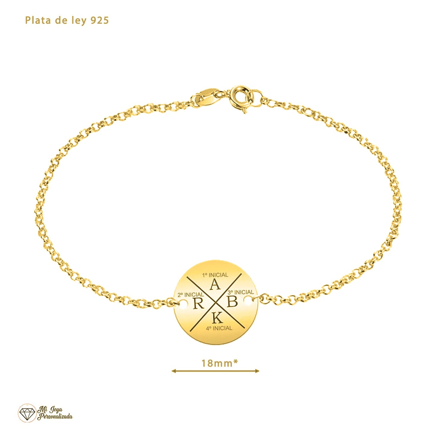Bracelet personnalisable 4 initiales en argent plaqué or