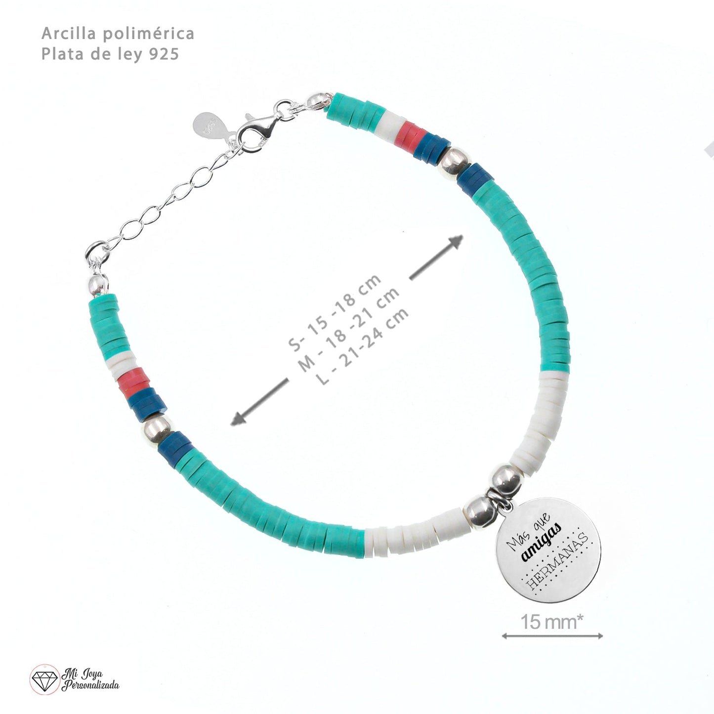 Bracelet personnalisable perles colorées et médaille en argent