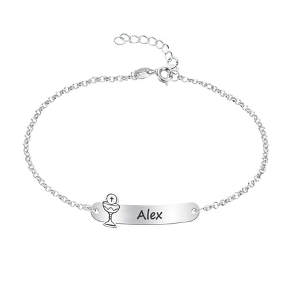Bracelet Première Communion Argent Massif Gravure Prénom & Motif
