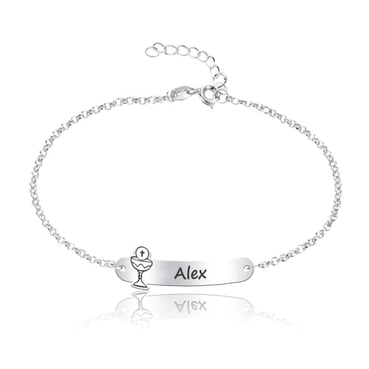 Bracelet Première Communion, prénom et motif gravés, argent massif