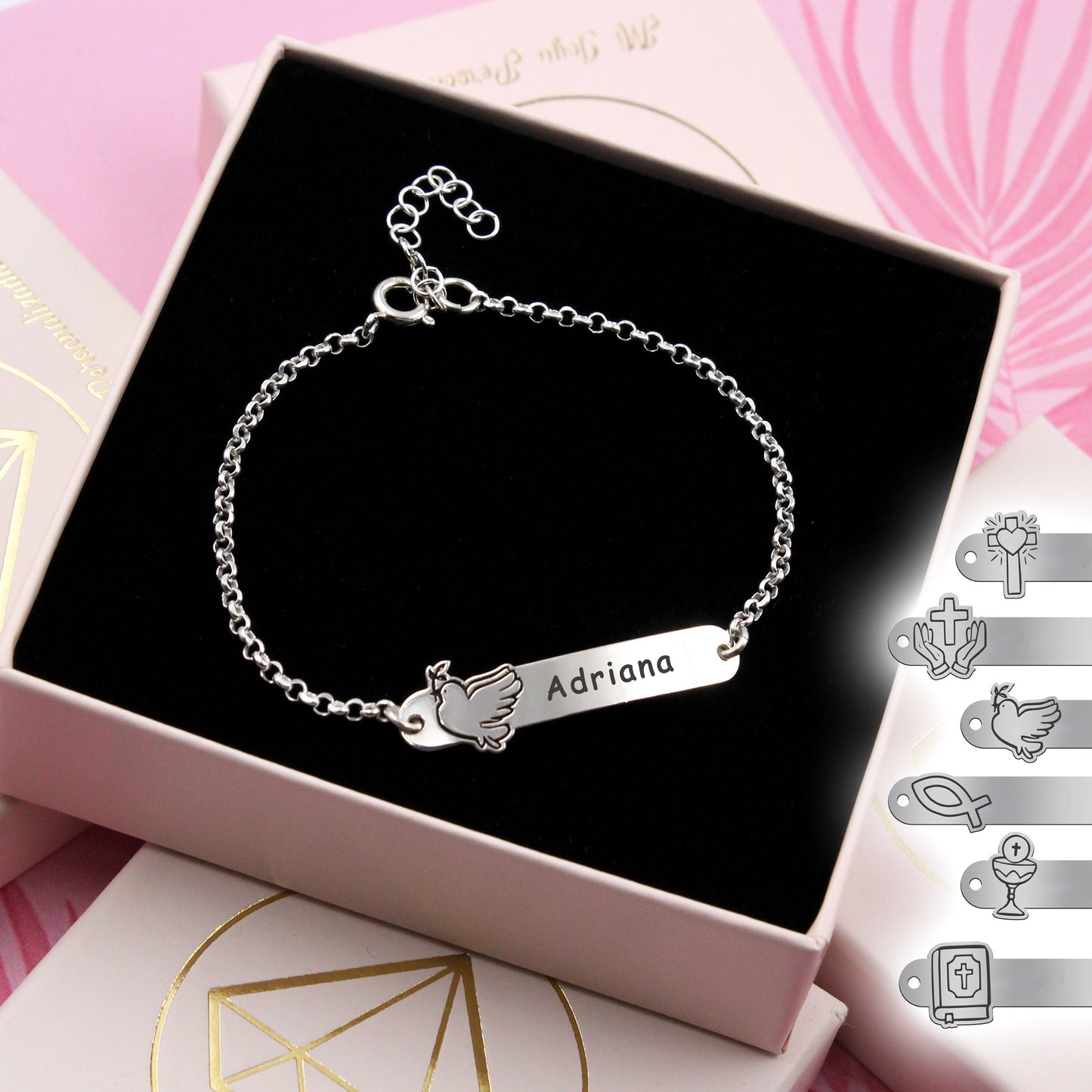 Bracelet Première Communion Argent Massif Gravure Prénom & Motif