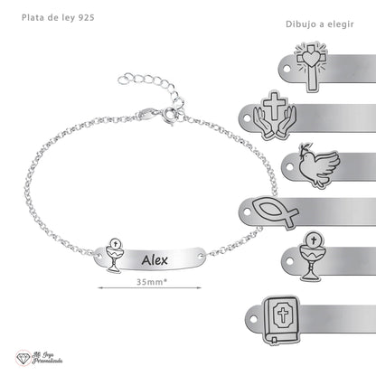 Bracelet Première Communion Argent Massif Gravure Prénom & Motif