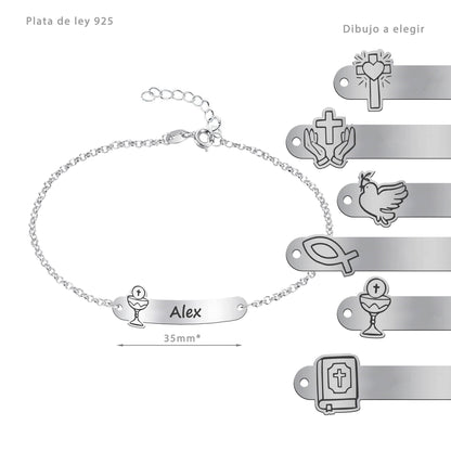 Bracelet Première Communion, prénom et motif gravés, argent massif