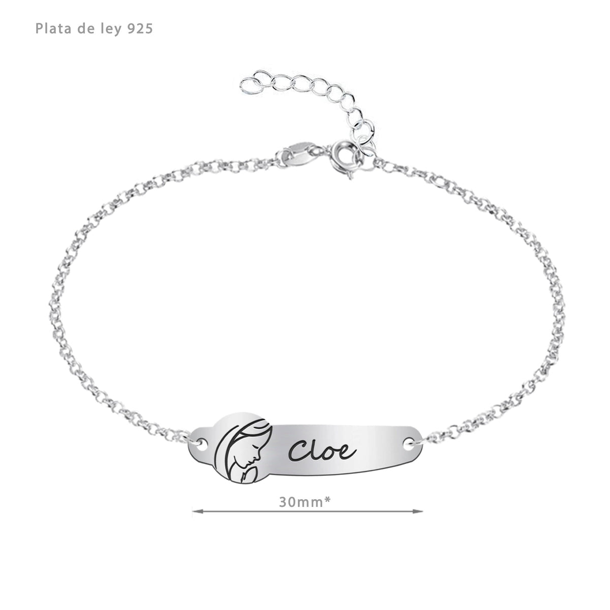 Bracelet Première Communion, Vierge Marie gravée, argent 925