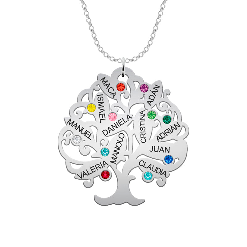Collier Arbre de Vie Argent 925 - 11 Prénoms et Pierres de Naissance