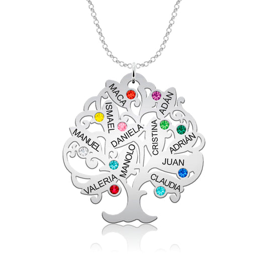 Collier Arbre de Vie Argent 925 - 11 Prénoms et Pierres de Naissance