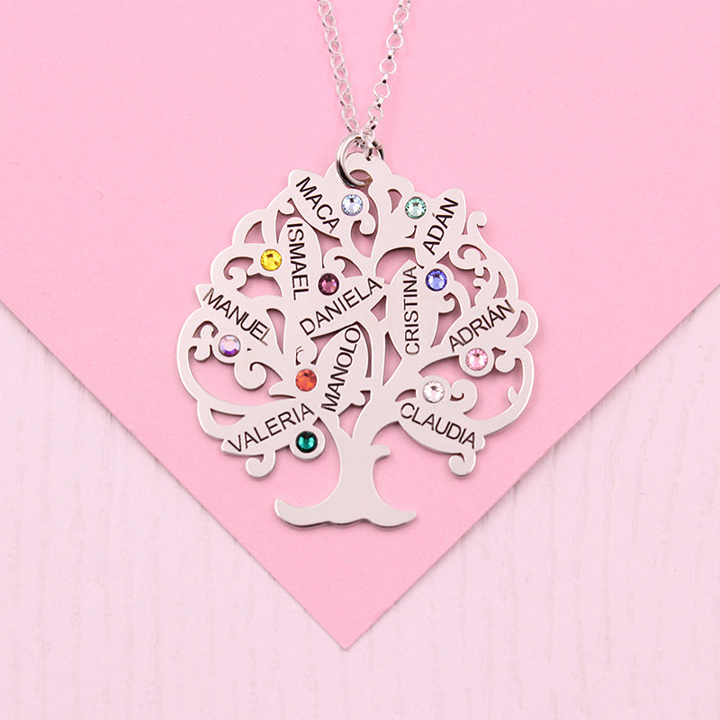 Collier Arbre de Vie Argent 925 - 11 Prénoms et Pierres de Naissance
