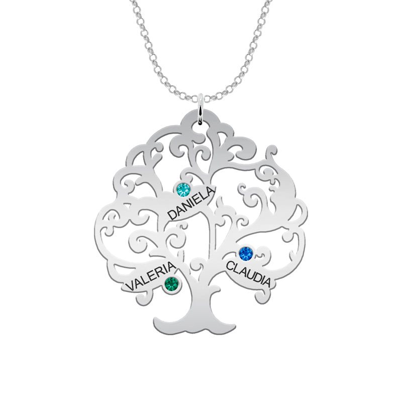 Collier Arbre de Vie Argent 925 - 11 Prénoms et Pierres de Naissance