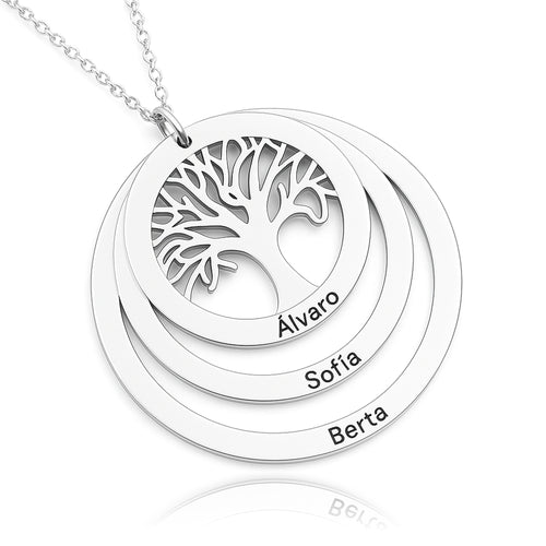 Collier Mamie Arbre de Vie, 3 anneaux gravés aux prénoms, argent 925