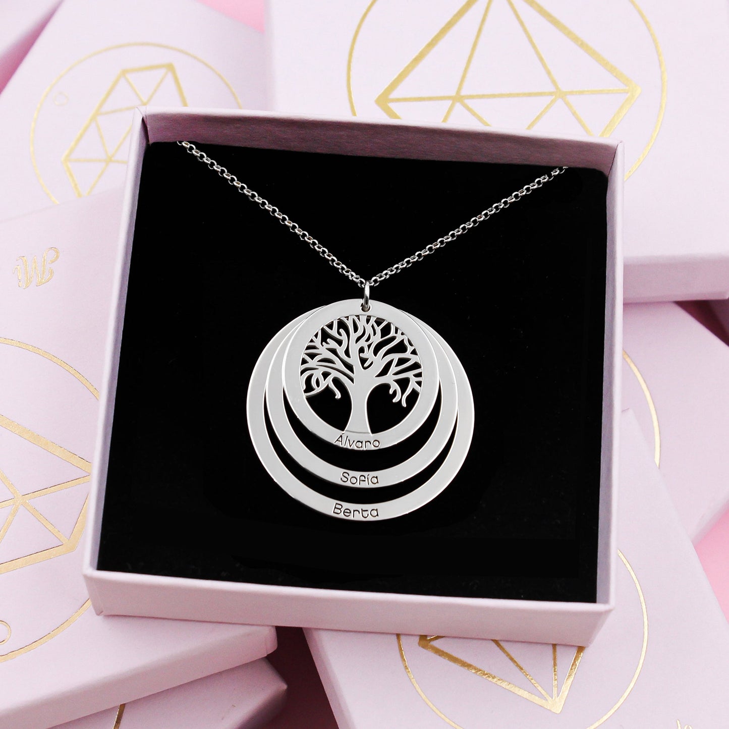 Collier Arbre de Vie en Argent 925 avec 3 Anneaux à Personnaliser