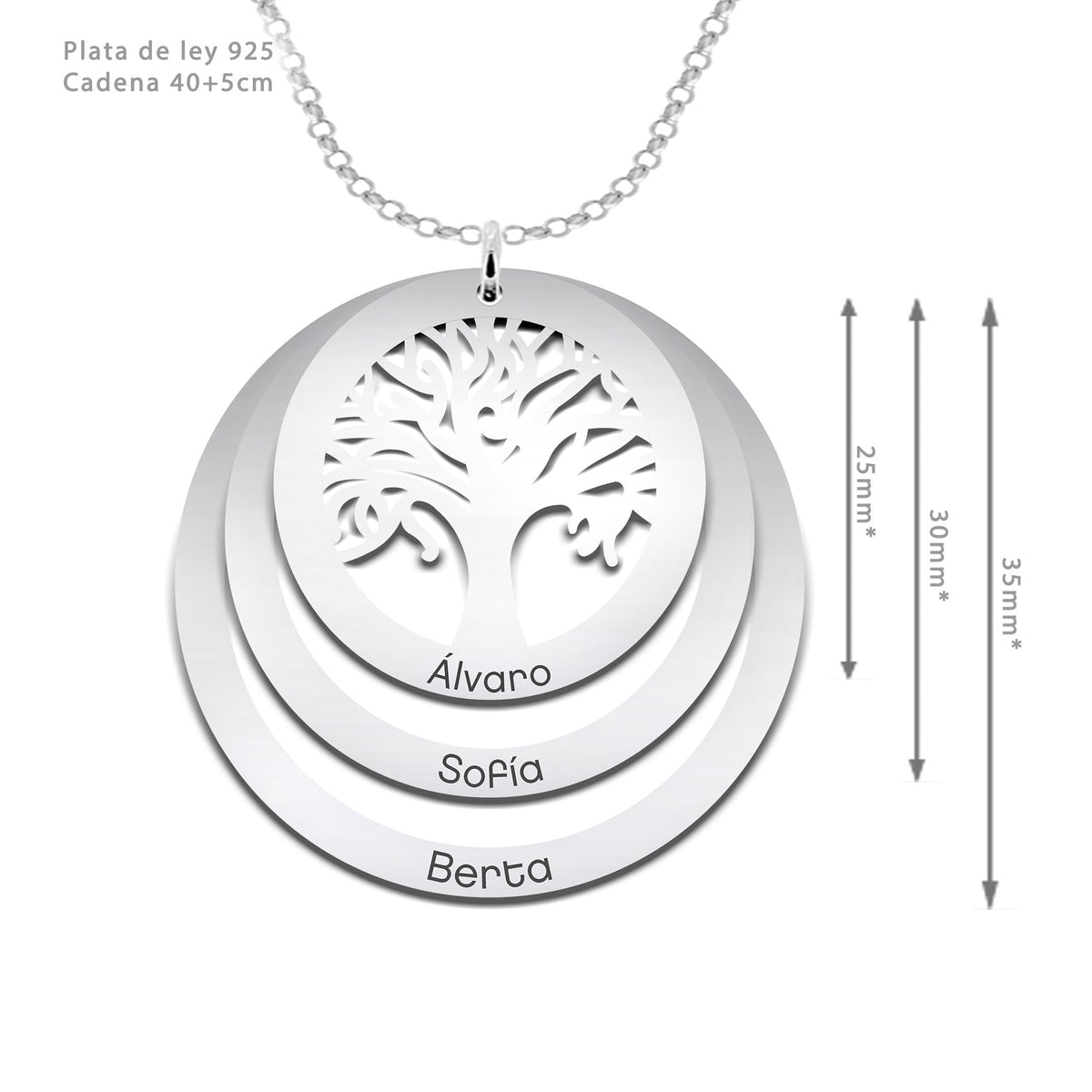 Collier Mamie Arbre de Vie, 3 anneaux gravés aux prénoms, argent 925