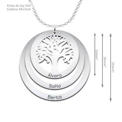 Collier Mamie Arbre de Vie, 3 anneaux gravés aux prénoms, argent 925