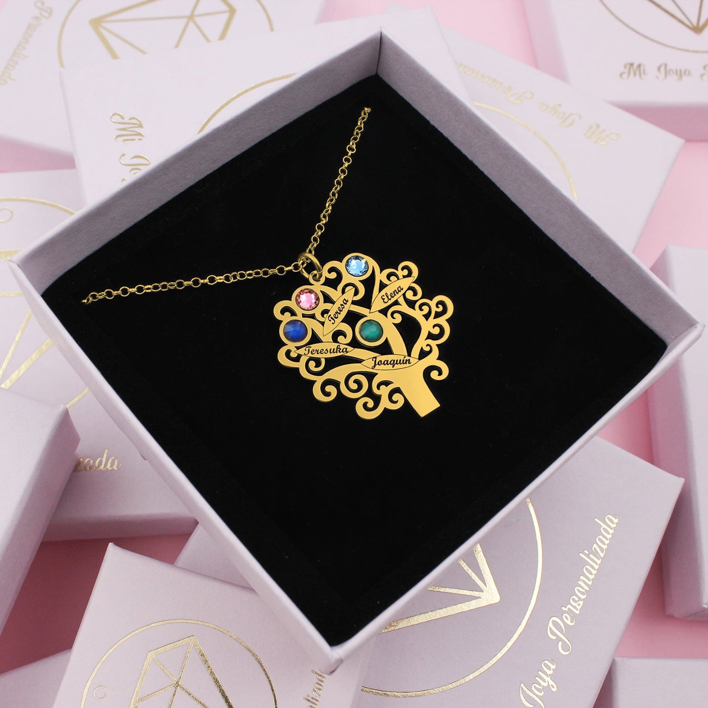 Collier Arbre de Vie Personnalisable 6 Noms et Pierres de Naissance