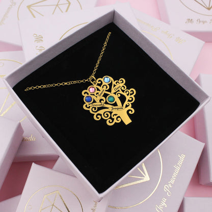Collier Arbre de Vie Personnalisable 6 Noms et Pierres de Naissance