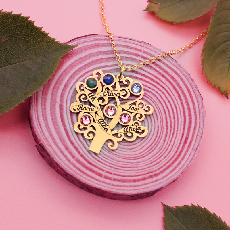 Collier Arbre de Vie Personnalisable 6 Noms et Pierres de Naissance