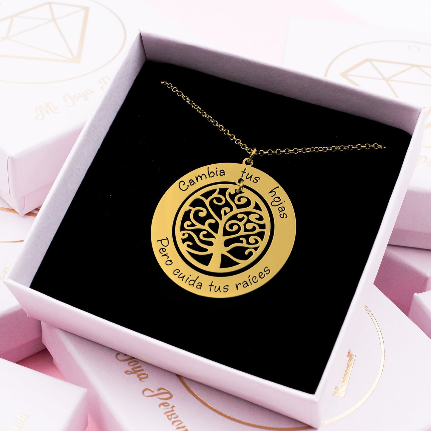 Collier Arbre de Vie personnalisé 2 phrases plaqué or
