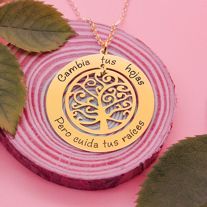 Collier Arbre de Vie personnalisé 2 phrases plaqué or