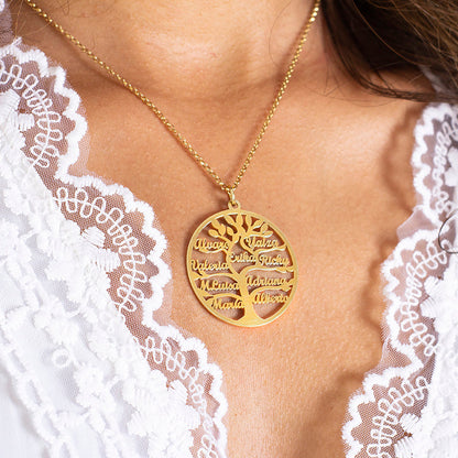 Collier Arbre de Vie Personnalisé 9 Noms Argent Massif Plaqué Or