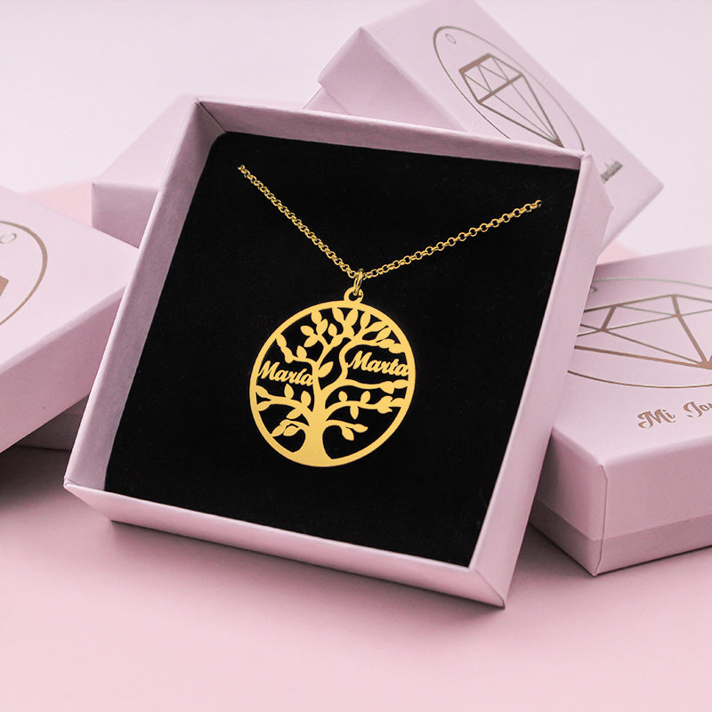 Collier Arbre de Vie Personnalisé 9 Noms Argent Massif Plaqué Or