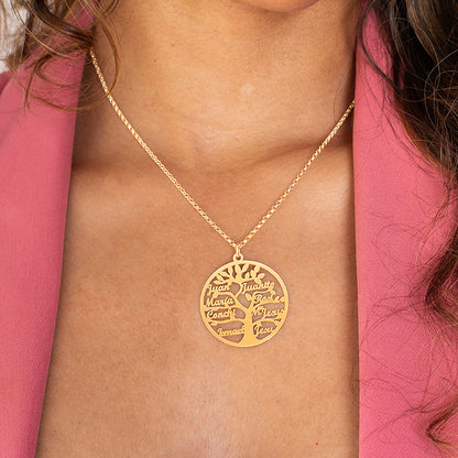 Collier Arbre de Vie Personnalisé 9 Noms Argent Massif Plaqué Or