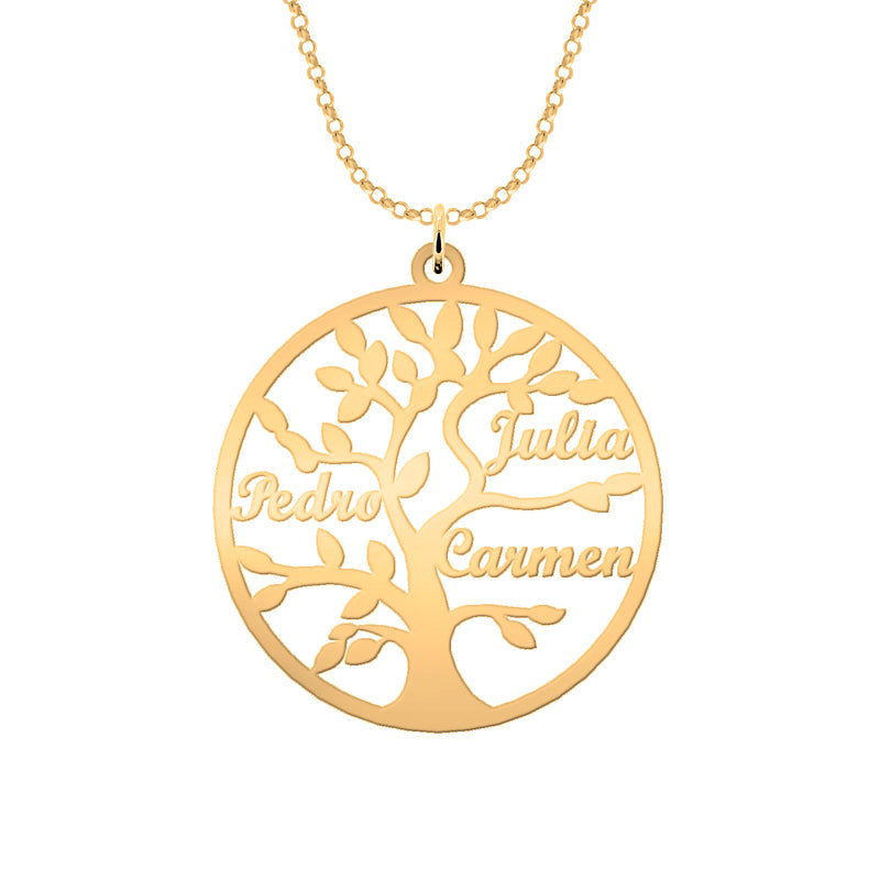 Collier Arbre de Vie Personnalisé 9 Noms Argent Massif Plaqué Or