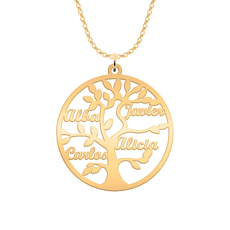 Collier Arbre de Vie Personnalisé 9 Noms Argent Massif Plaqué Or