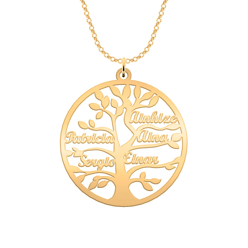 Collier Arbre de Vie Personnalisé 9 Noms Argent Massif Plaqué Or