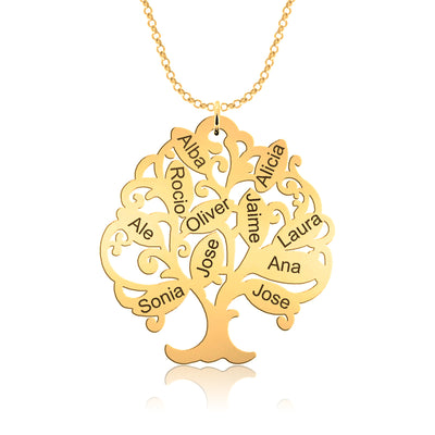 Collier Mamie Arbre de Vie, jusqu'à 11 prénoms de petits-enfants gravés, plaqué or