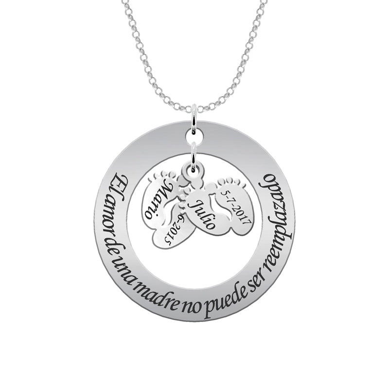 Collier argent 925 personnalisé avec cercle, phrase et pieds d'enfant