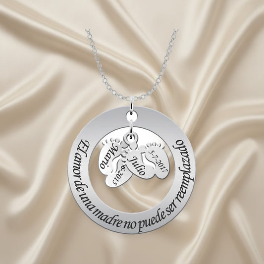 Collier argent 925 personnalisé avec cercle, phrase et pieds d'enfant