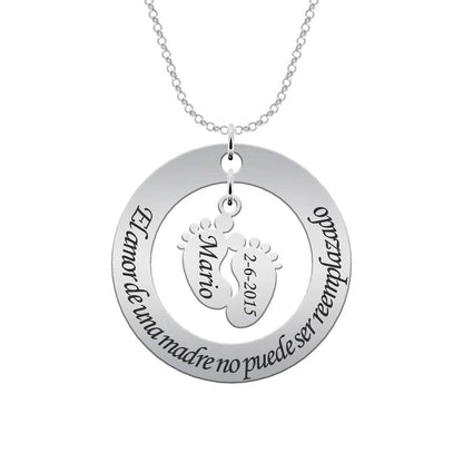 Collier argent 925 personnalisé avec cercle, phrase et pieds d'enfant
