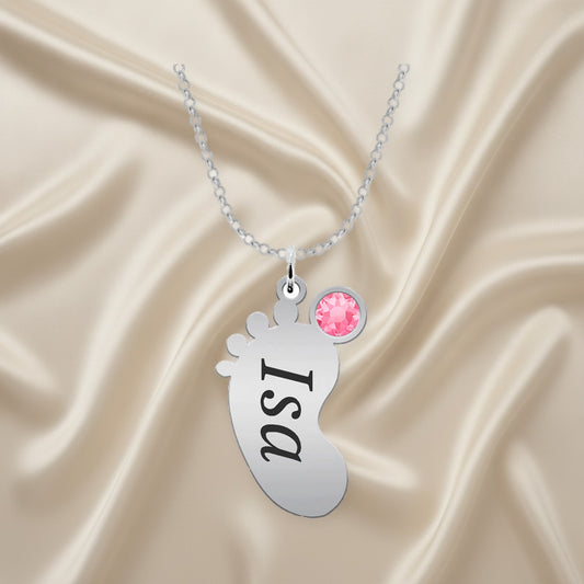 Collier argent avec pendentif pied de bébé et pierre de naissance