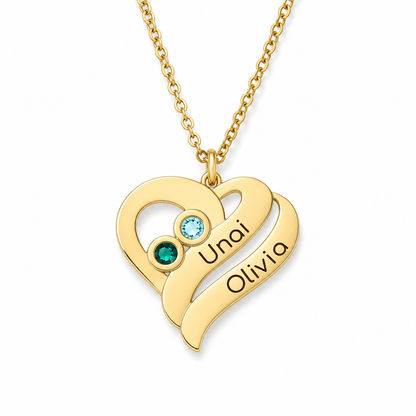 Collier Cœur Personnalisé 2 Prénoms et 2 Pierres de Naissance Plaqué