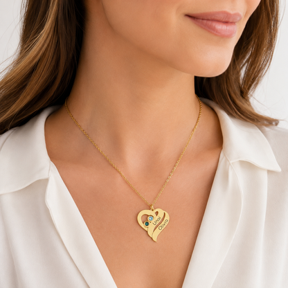 Collier Cœur Personnalisé 2 Prénoms et 2 Pierres de Naissance Plaqué