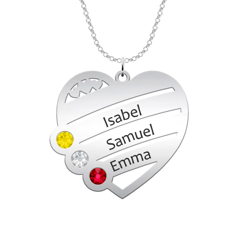Collier cœur personnalisé argent 4 prénoms 4 pierres de naissance