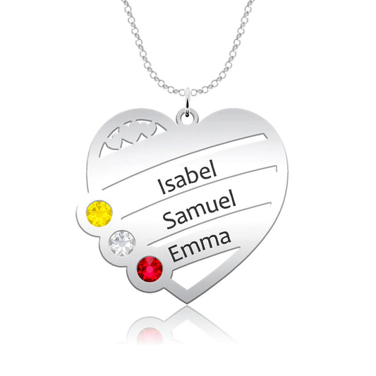 Collier cœur personnalisé argent 4 prénoms 4 pierres de naissance
