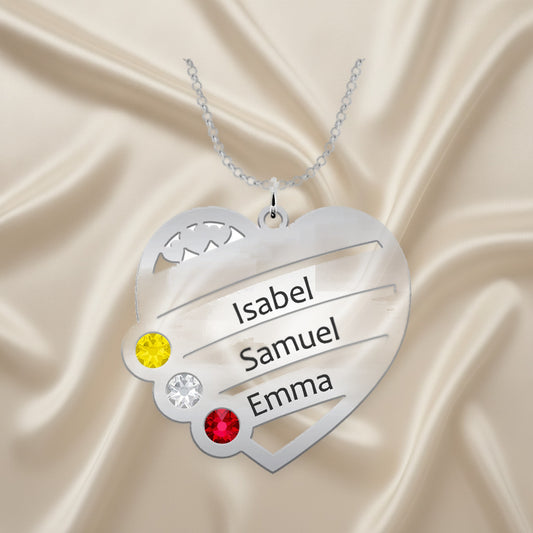 Collier cœur personnalisé argent 4 prénoms 4 pierres de naissance