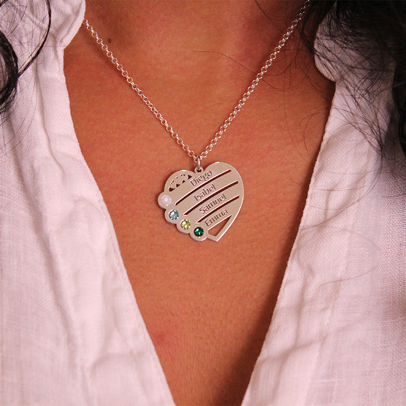 Collier cœur personnalisé argent 4 prénoms 4 pierres de naissance