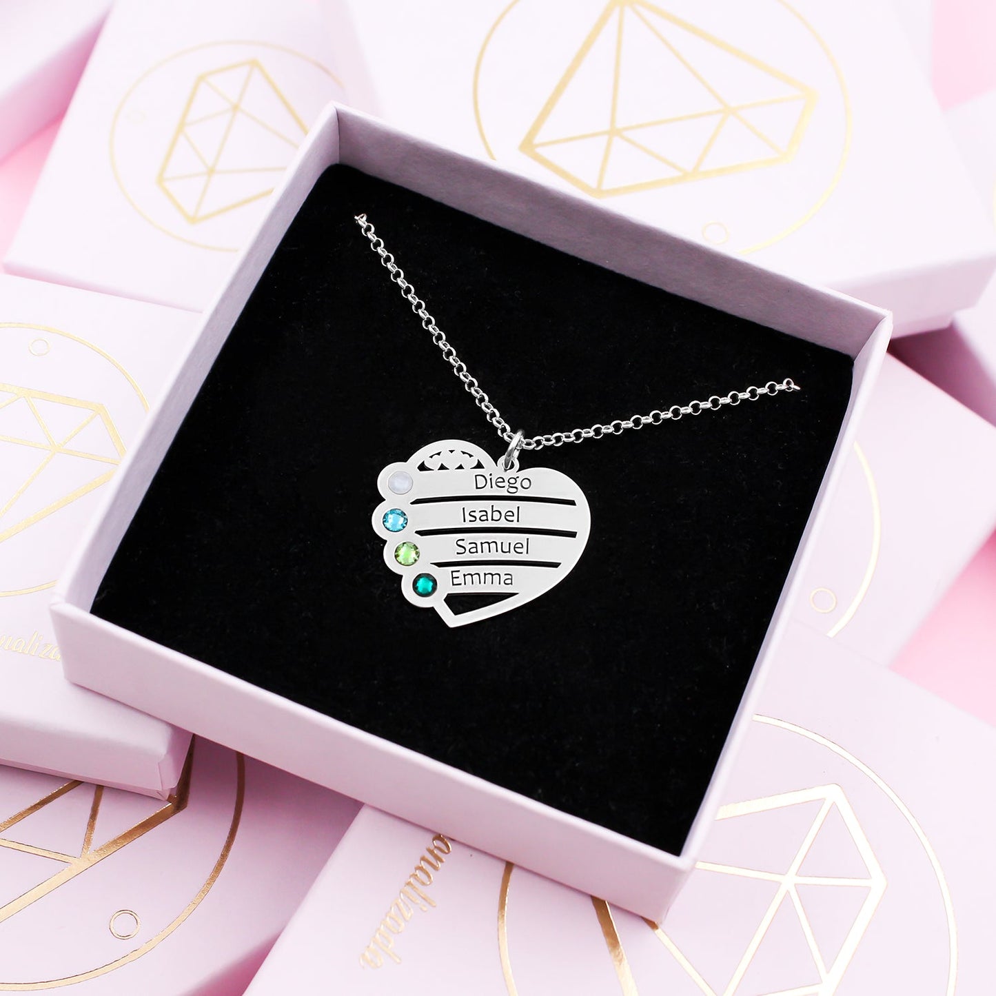 Collier cœur personnalisé argent 4 prénoms 4 pierres de naissance