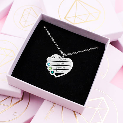 Collier cœur personnalisé argent 4 prénoms 4 pierres de naissance