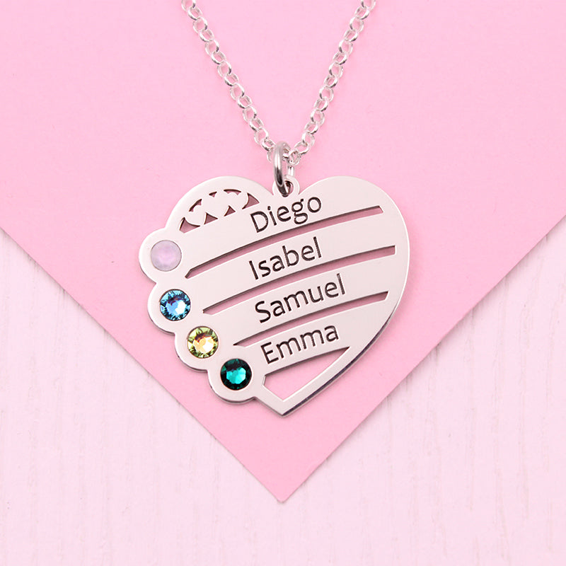 Collier cœur personnalisé argent 4 prénoms 4 pierres de naissance