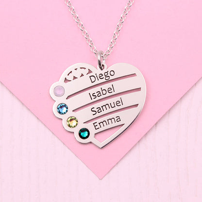 Collier cœur personnalisé argent 4 prénoms 4 pierres de naissance